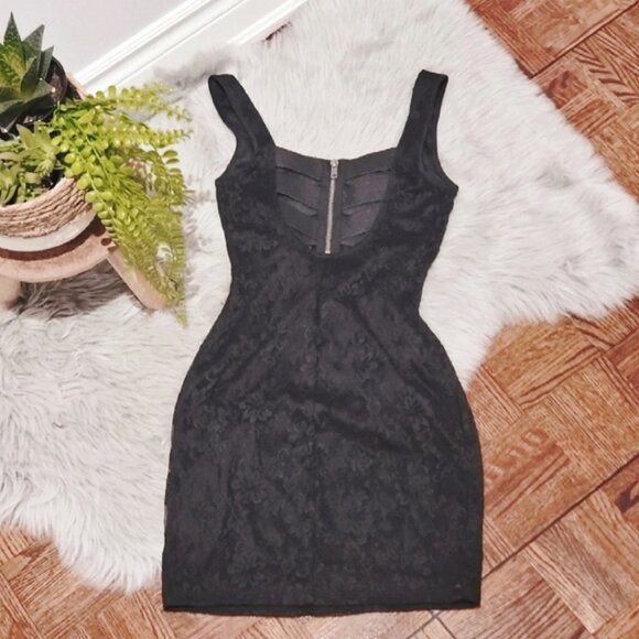 Material Girl Strappy Cross-over Back Lace Floral Black Dress- Small - Picture 2 of 10